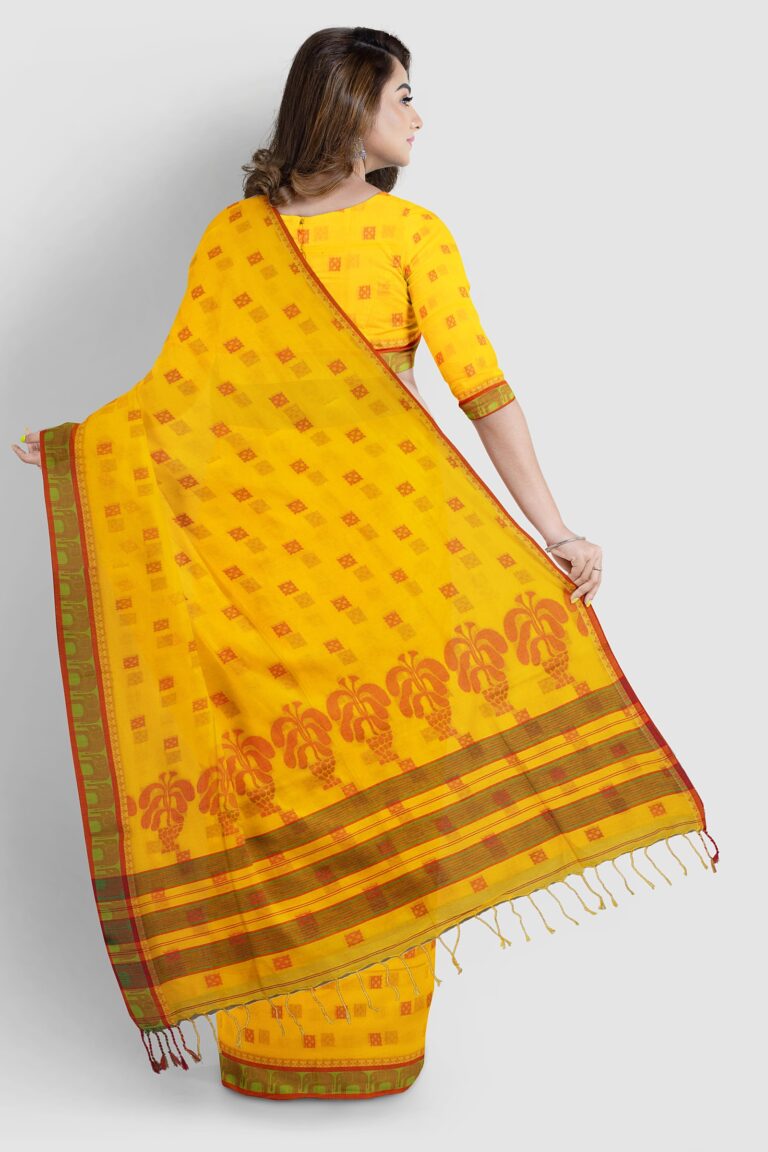Tantvithi Peetambari Yellow Tangail Cotton Saree handloom saree with traditional motifs