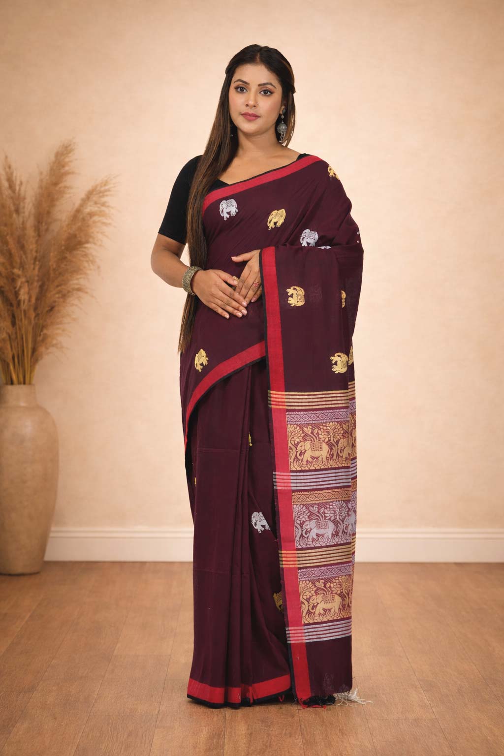 Tantvithi Gajraj Darbar handloom cotton saree with elephant narrative pallu