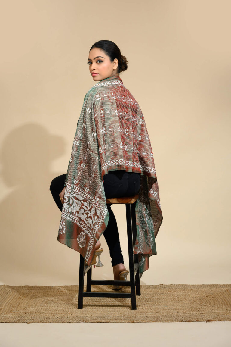 Tantvithi Aranya Kantha Stitch Handcrafted Art Silk Scarf
