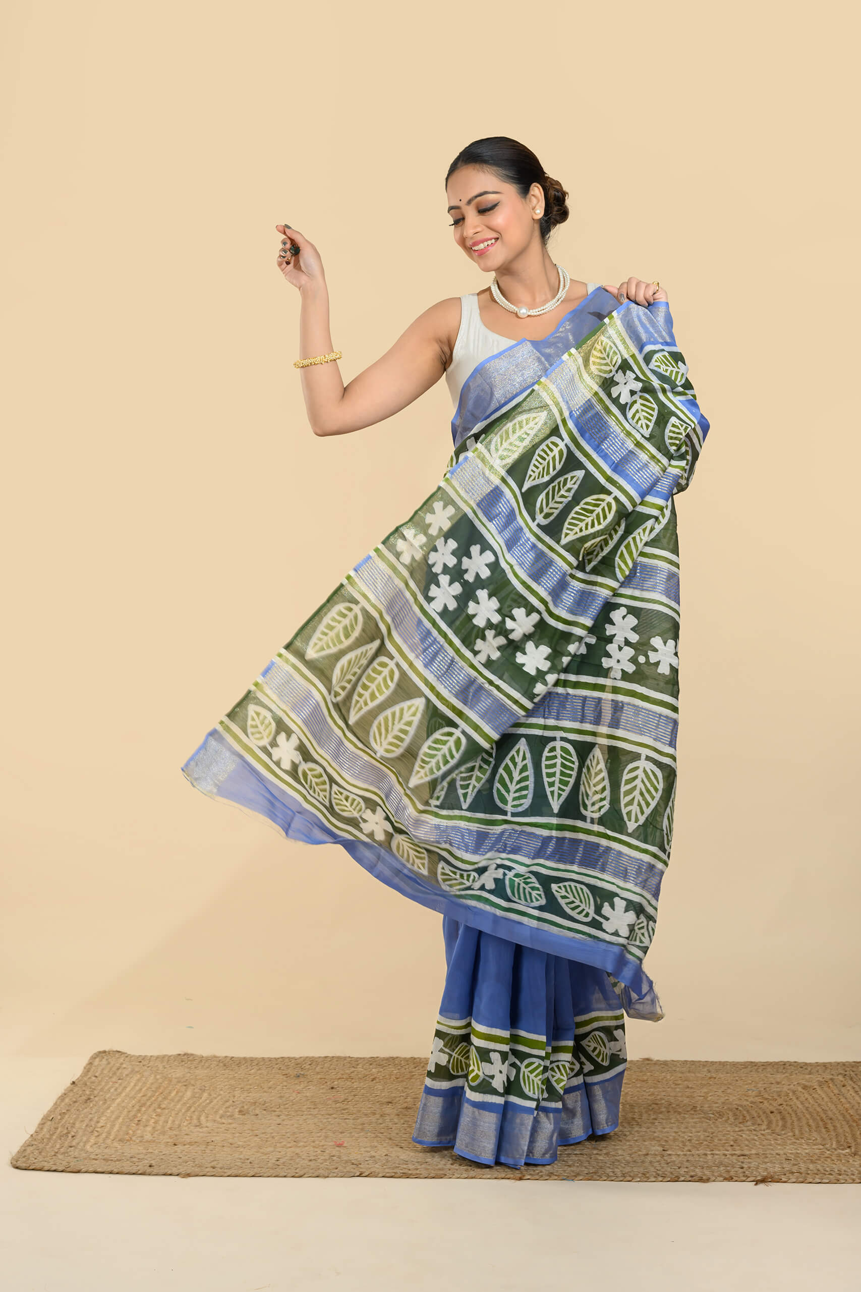 Tantvithi Banmayi Chanderi Batik Saree green blue handloom saree with leaf motifs