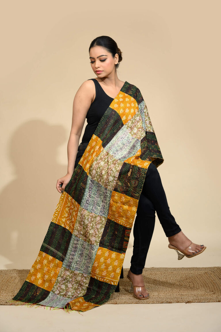 Tantvithi Baul patchwork kantha art silk scarf