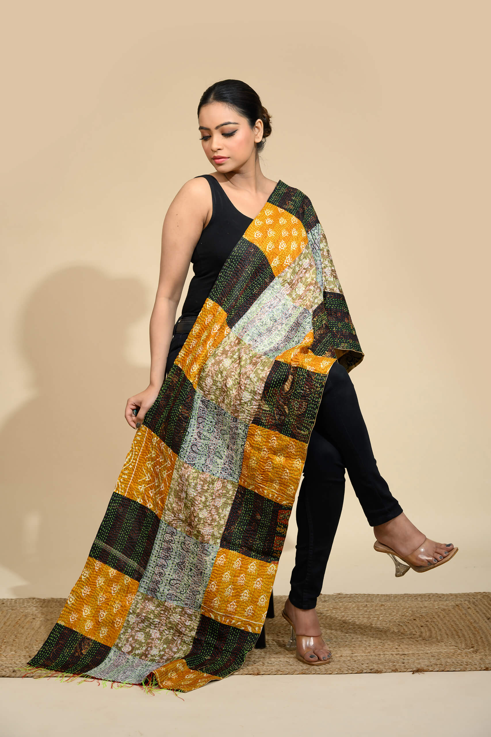 Tantvithi Baul patchwork kantha art silk scarf
