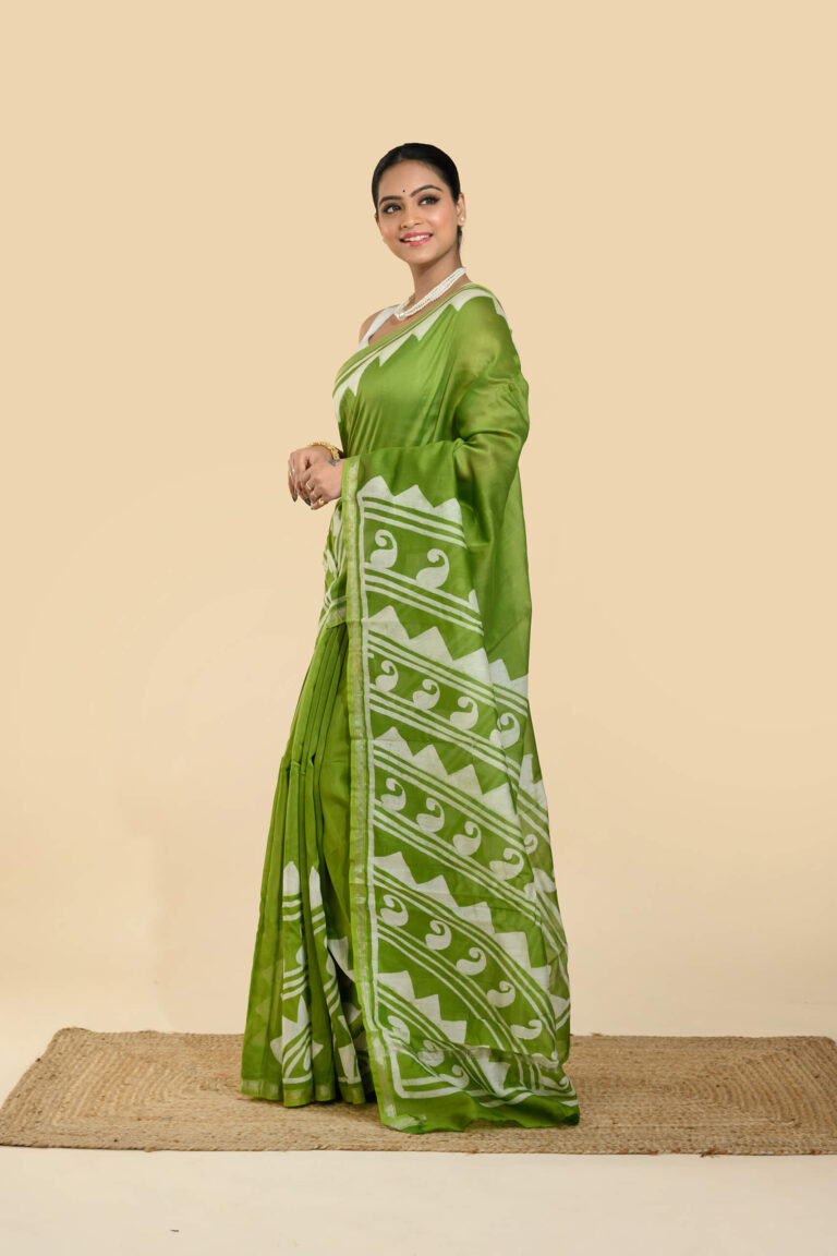 Tantvithi Harit Aalpona Green Batik Silk Saree handcrafted handloom saree with aalpona batik design
