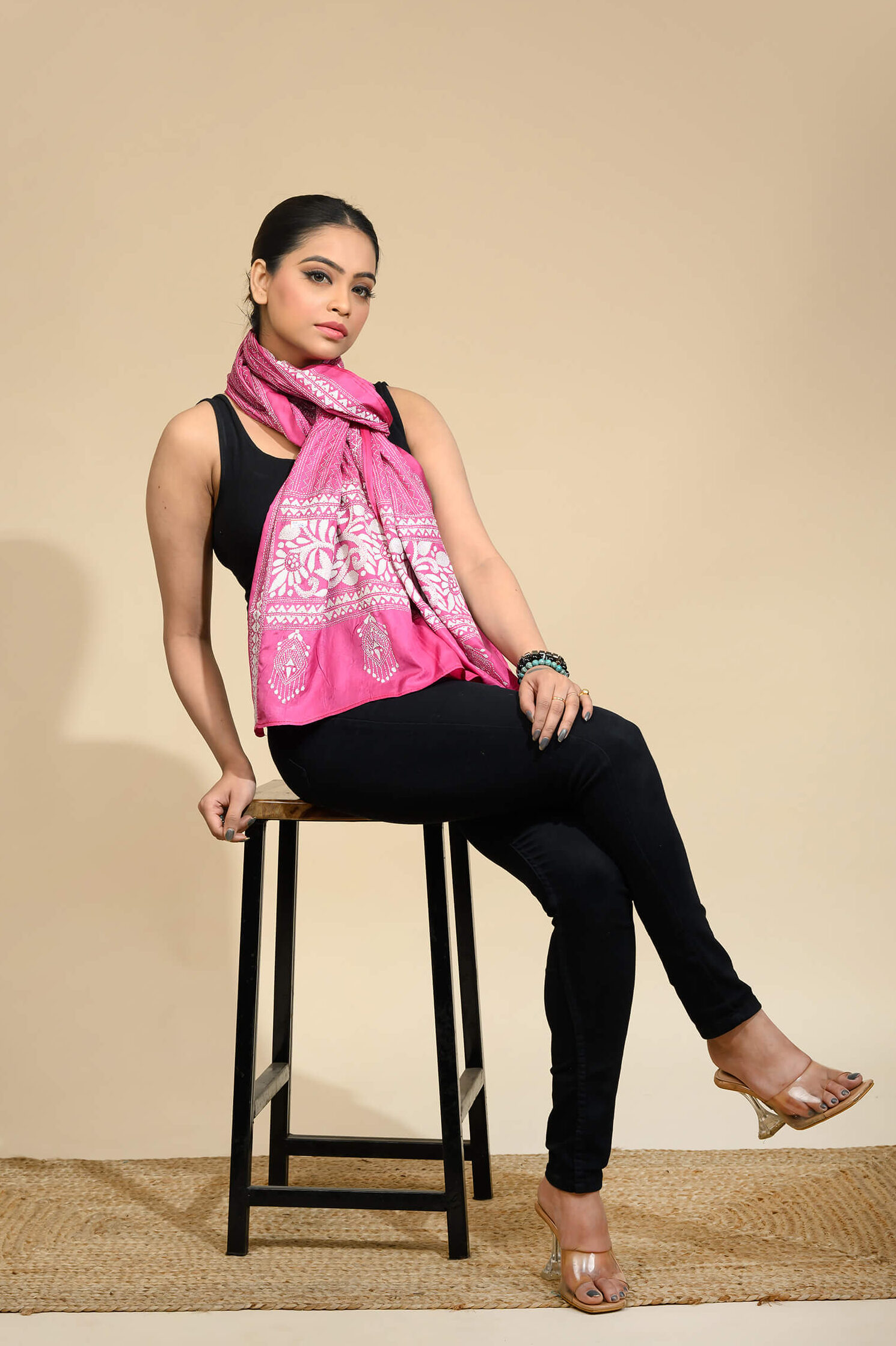 Tantvithi Padmalata pink kantha stitch handcrafted silk scarf