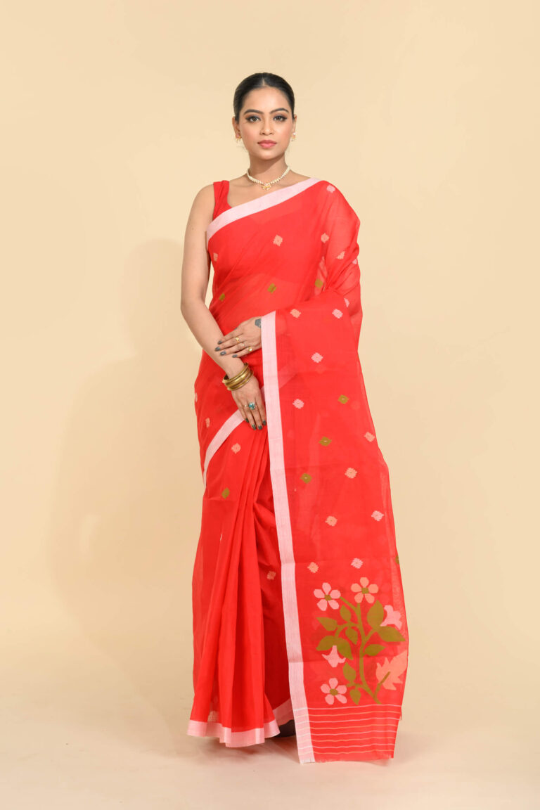 Tantvithi Kusumlata Jamdani Saree red handcrafted handloom jamdani saree with floral motifs