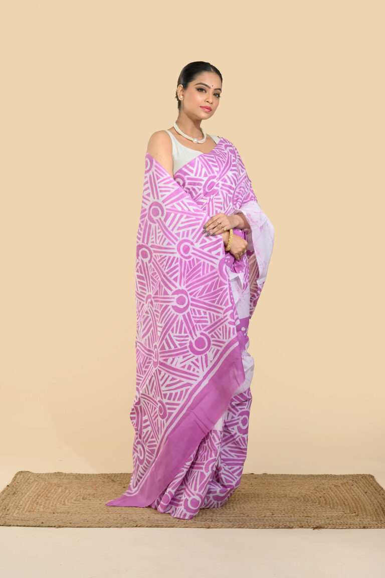 Tantvithi Kusumprabha Pink Cotton Batik Saree handloom saree with geometric circular motifs