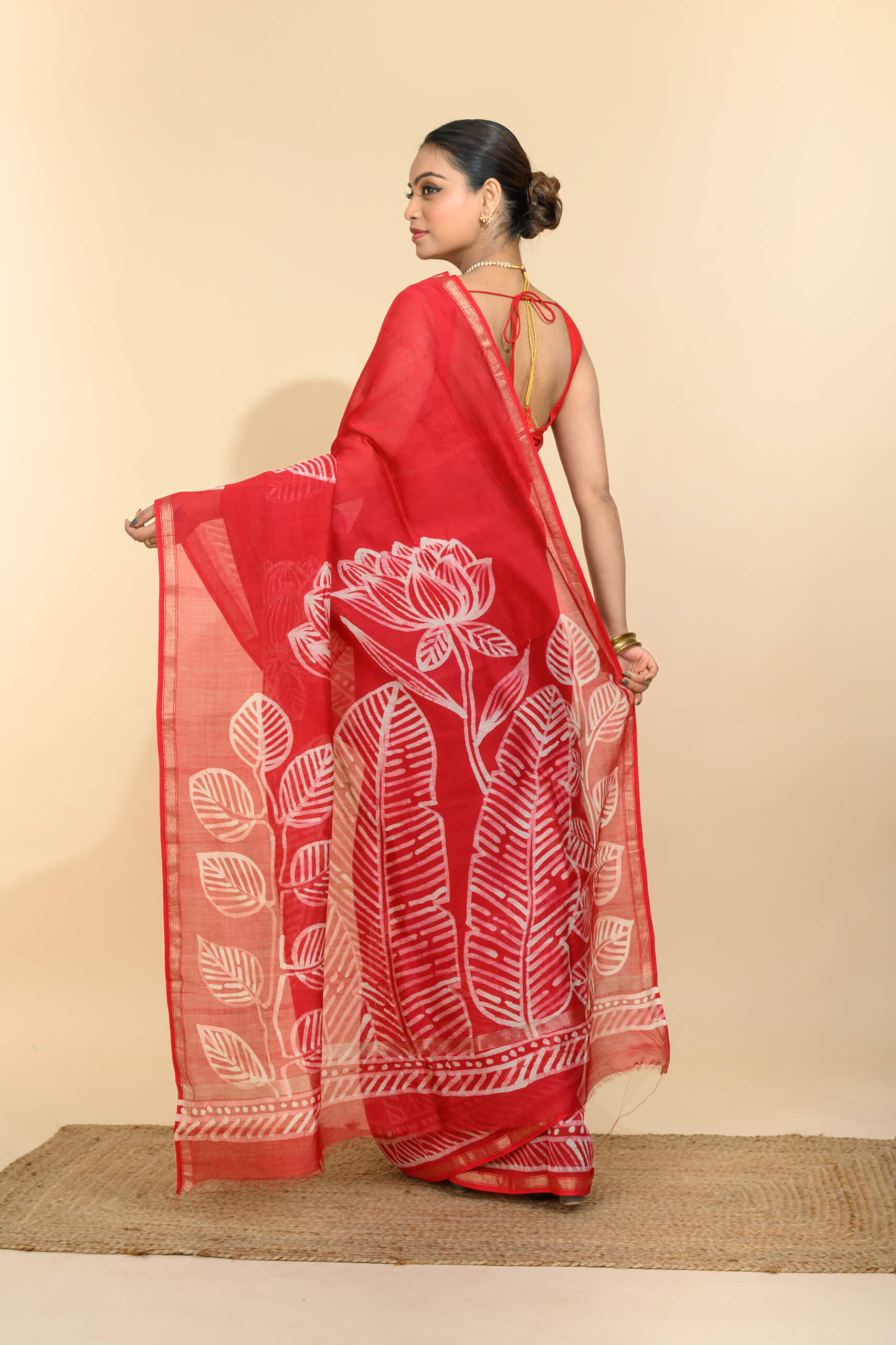 Tantvithi Lalpata Red Chanderi Saree handloom saree with leaf motifs