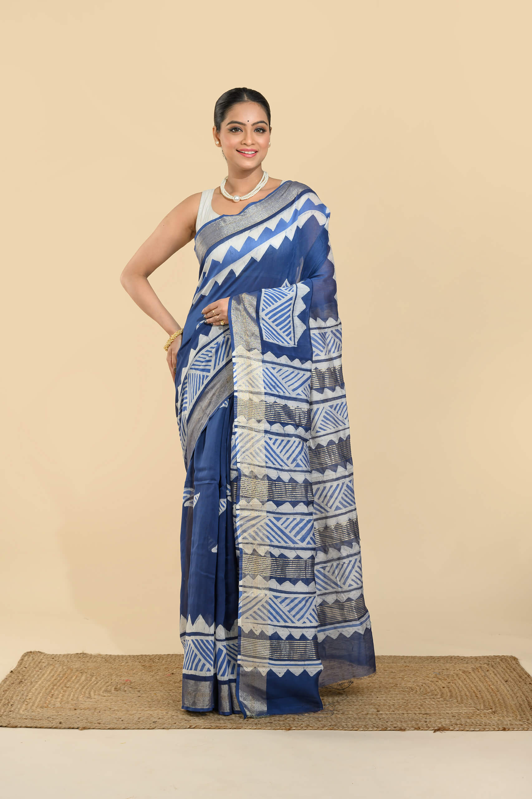 Tantvithi Neelbithi Batik Chanderi Saree blue handloom batik saree with geometric motifs