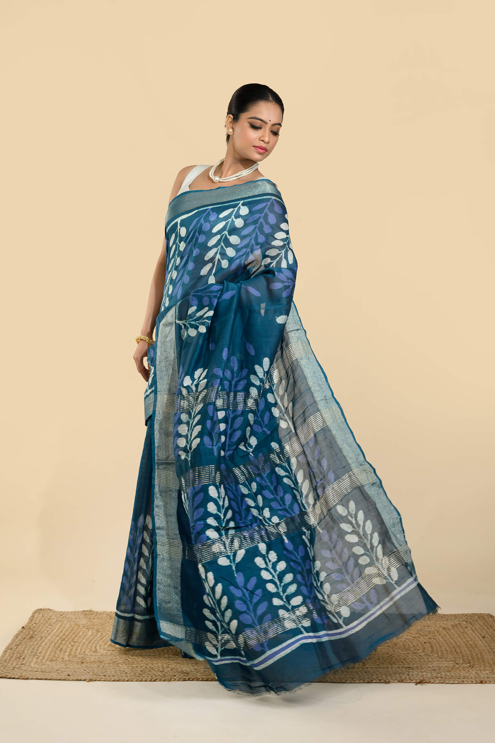 Tantvithi Neelparna Batik Chanderi Silk Saree in blue with handcrafted batik leaf motifs