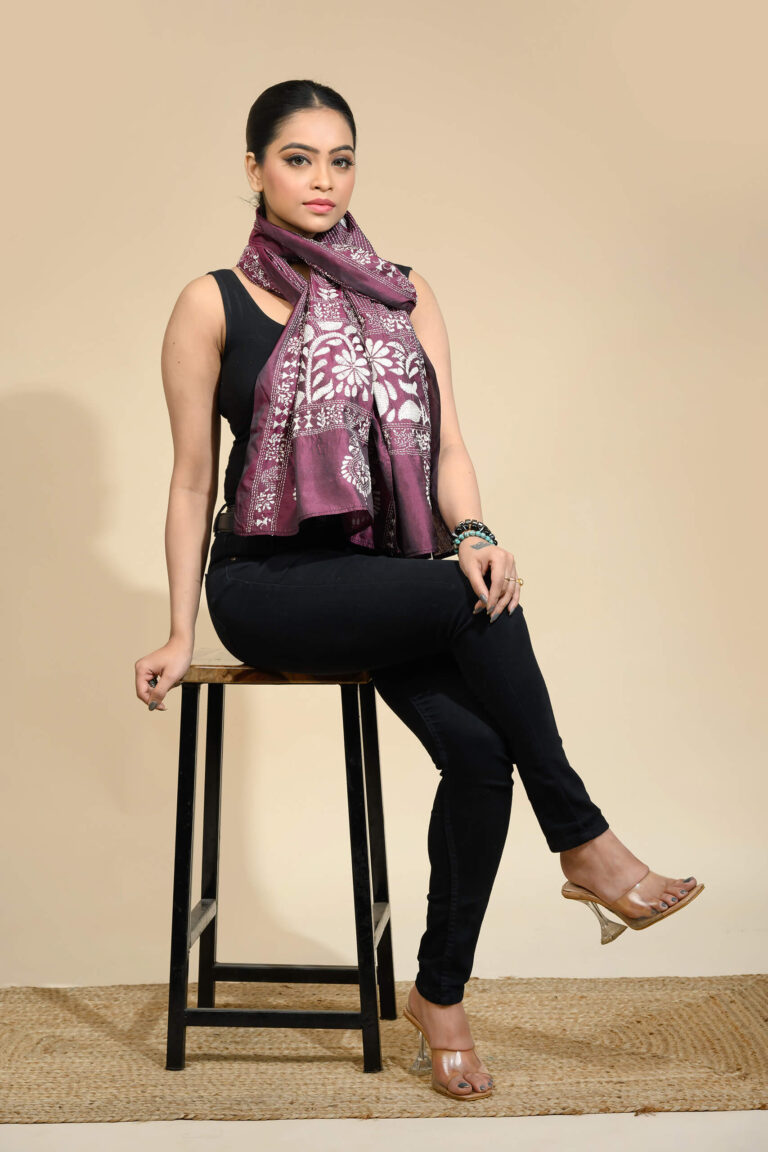 Tantvithi Nishigandha Kantha Stitch Art Silk Scarf
