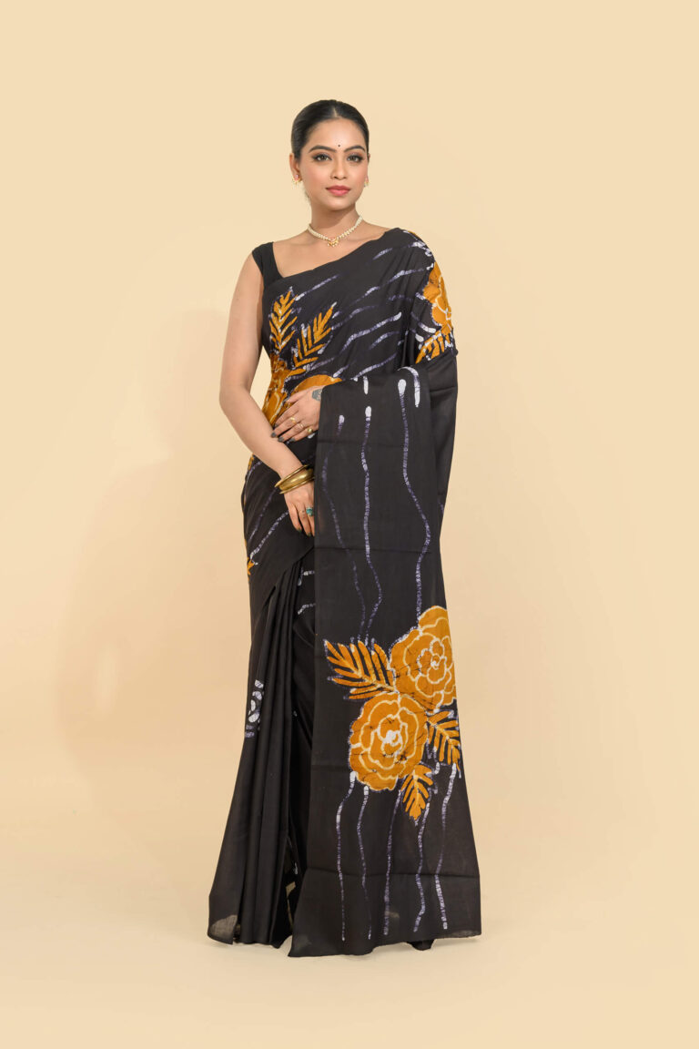 Tantvithi Noir Batik Bloom black floral batik handloom cotton saree
