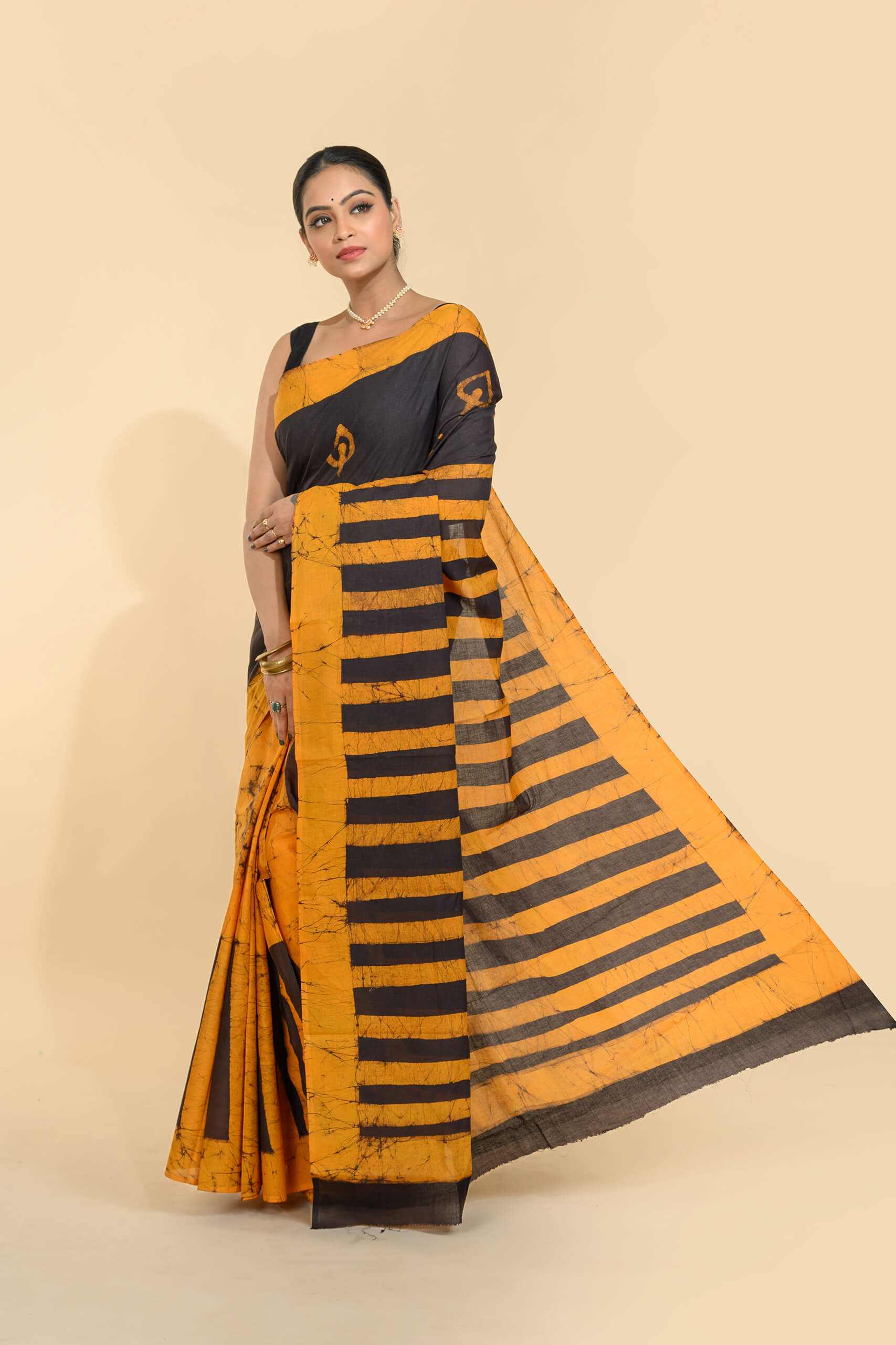 Tantvithi Peetrekha Mustard Cotton Batik Saree handloom saree with stripe patterns