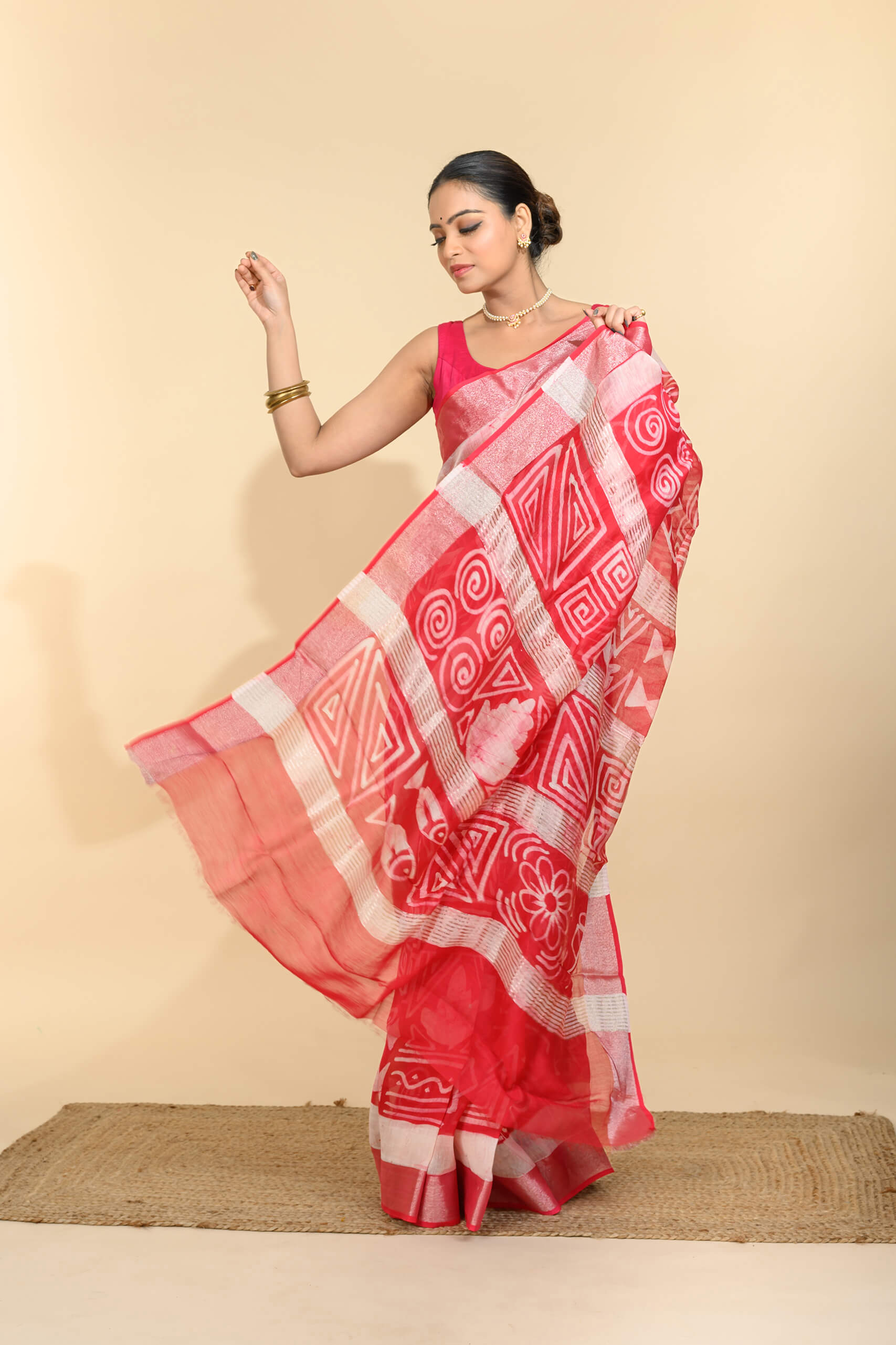 Tantvithi Raktakriti Red Chanderi Batik Silk Saree handloom saree with geometric batik patterns