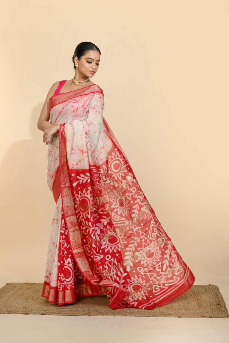 Tantvithi Raktaraga Red Chanderi Batik Silk Saree handloom saree with sun and folk motifs