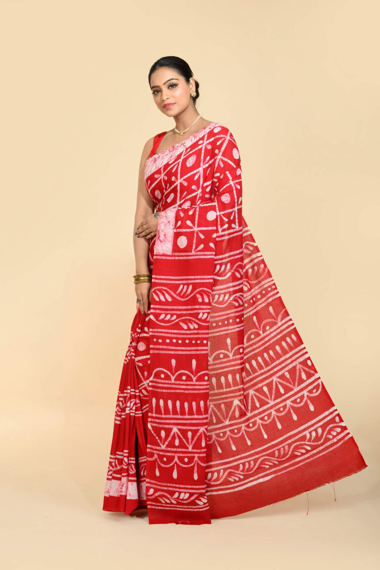 Tantvithi Raktrekha Red Cotton Batik Saree handloom saree with geometric batik patterns
