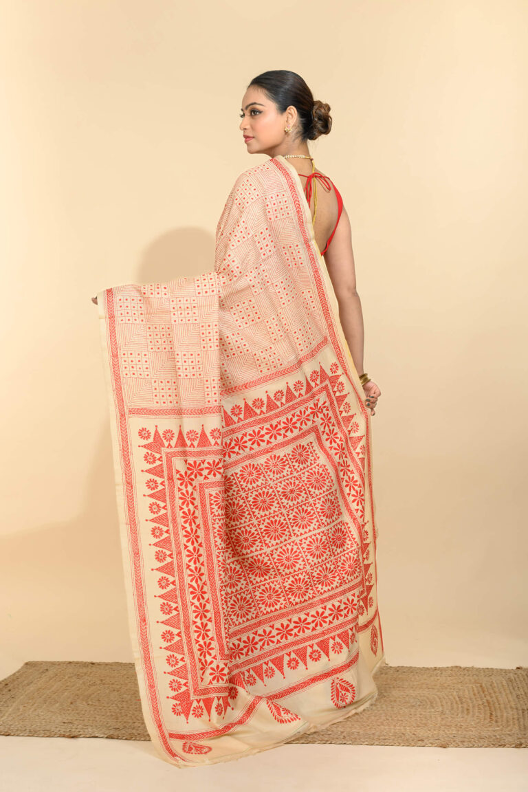 Tantvithi Riva Tussar Kantha Saree red handloom silk saree with kantha stitch