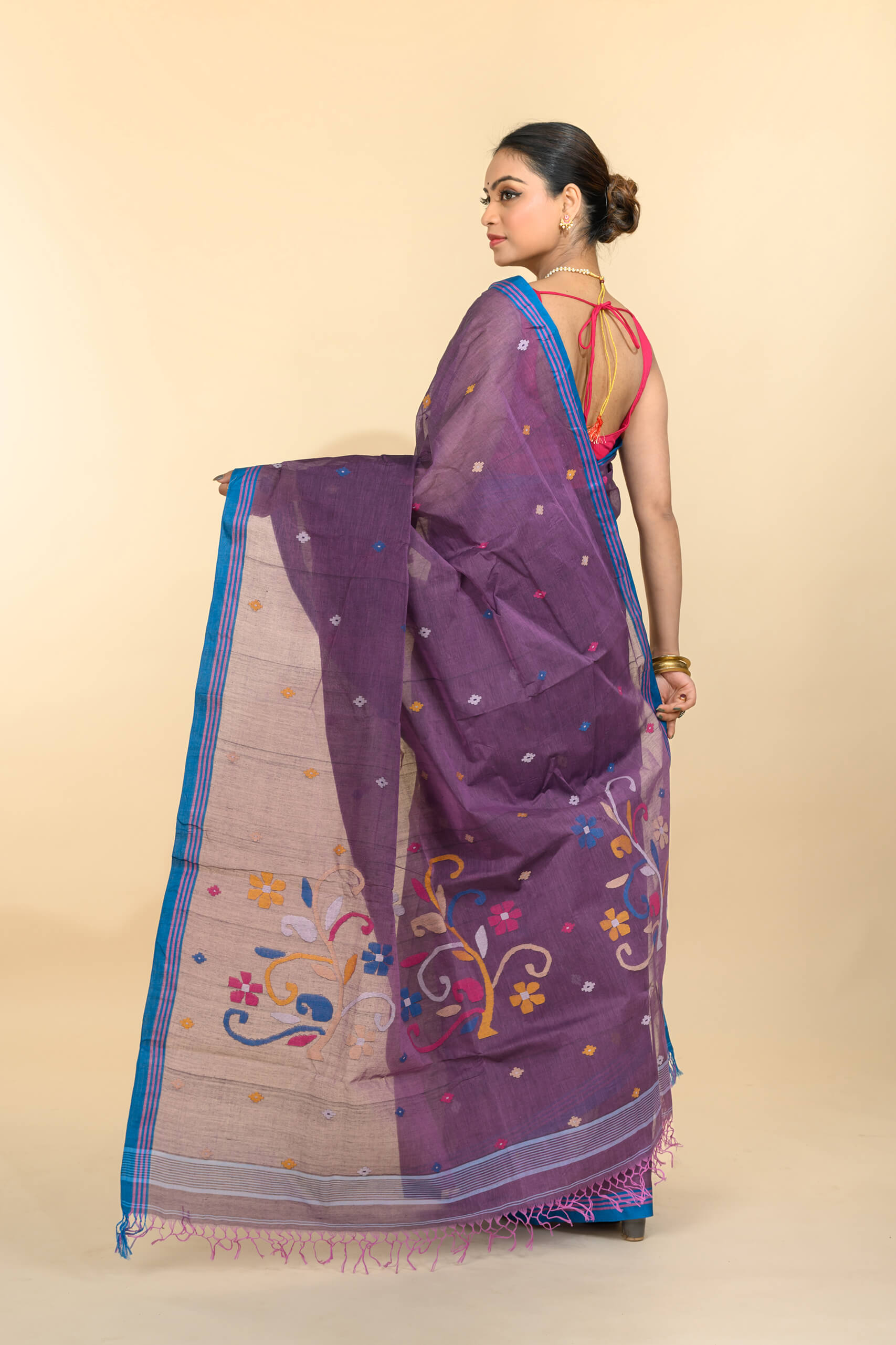 Cotton Jamdani saree purple Tantvithi Viyara handloom lightweight saree