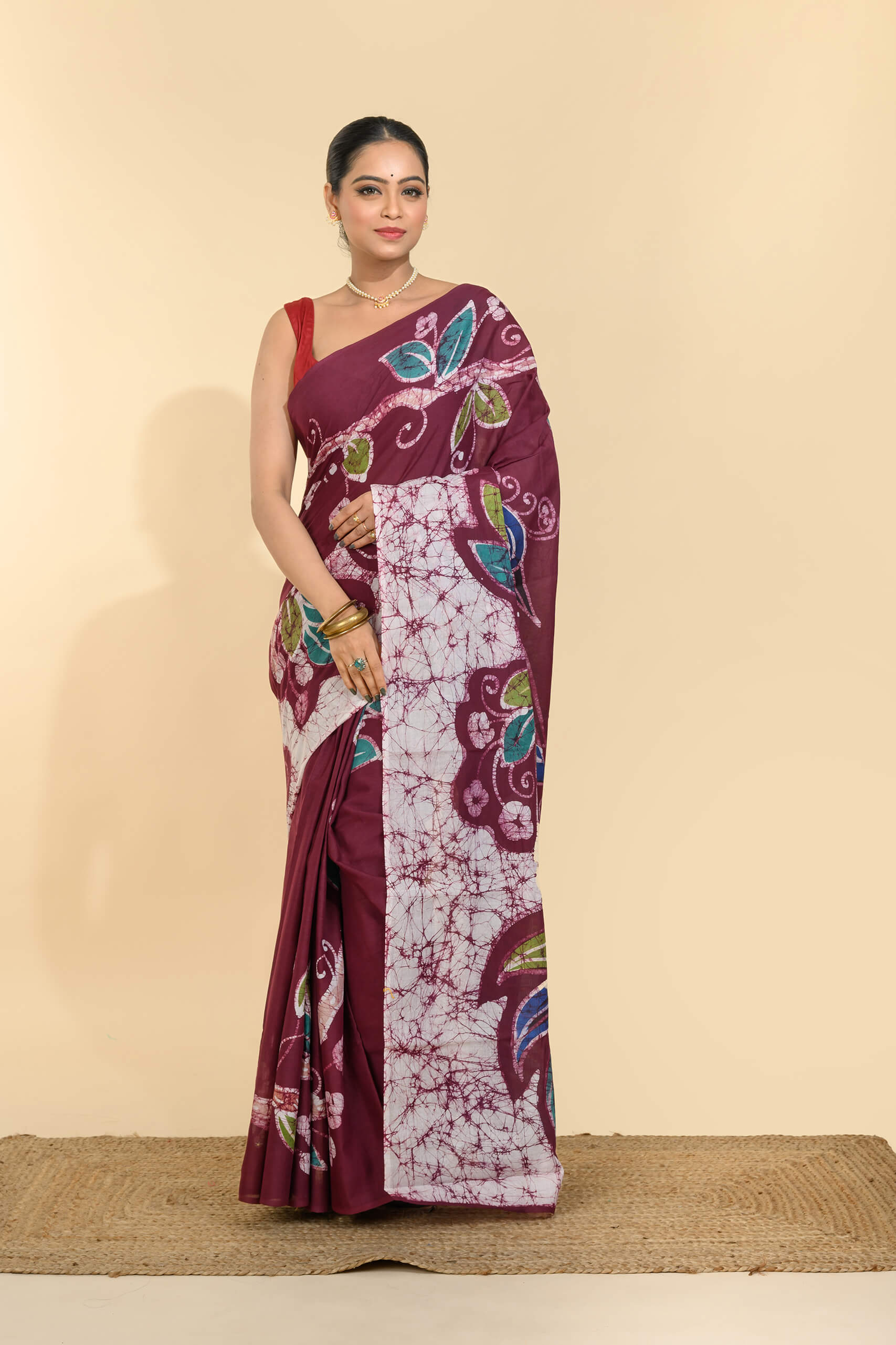Batik Cotton Saree – Tantvithi Madirpushpa Wine Floral - Image 3
