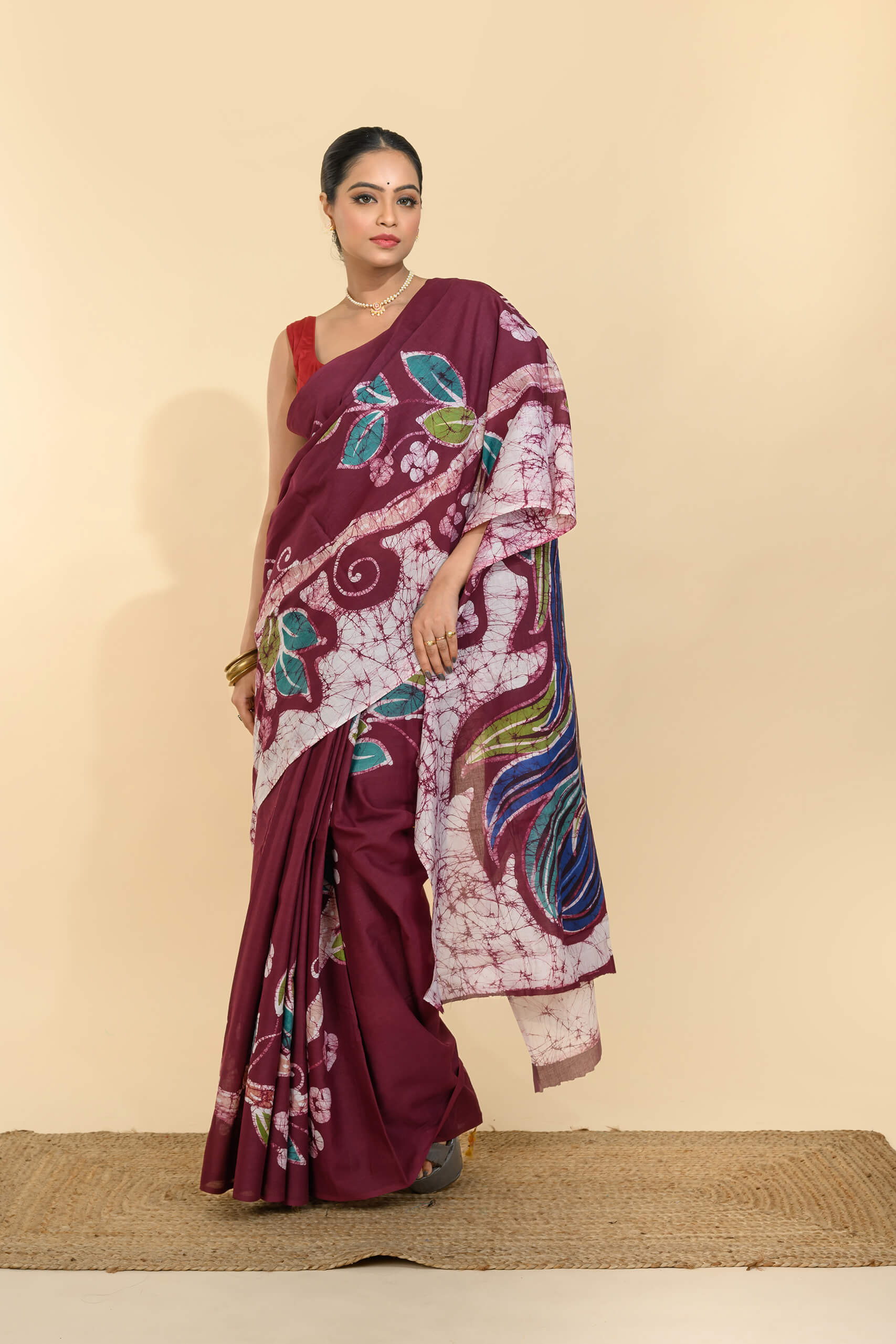 Batik Cotton Saree – Tantvithi Madirpushpa Wine Floral - Image 6