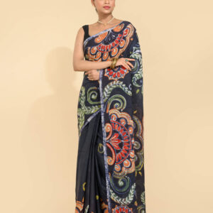 Hand batik cotton saree black Tantvithi Kaalrang colorful motif saree