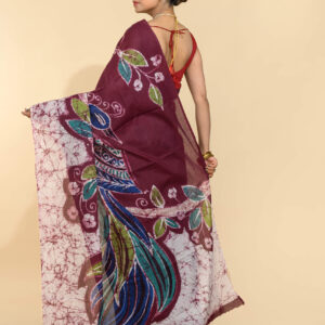 Batik cotton saree wine Tantvithi Madirpushpa floral saree