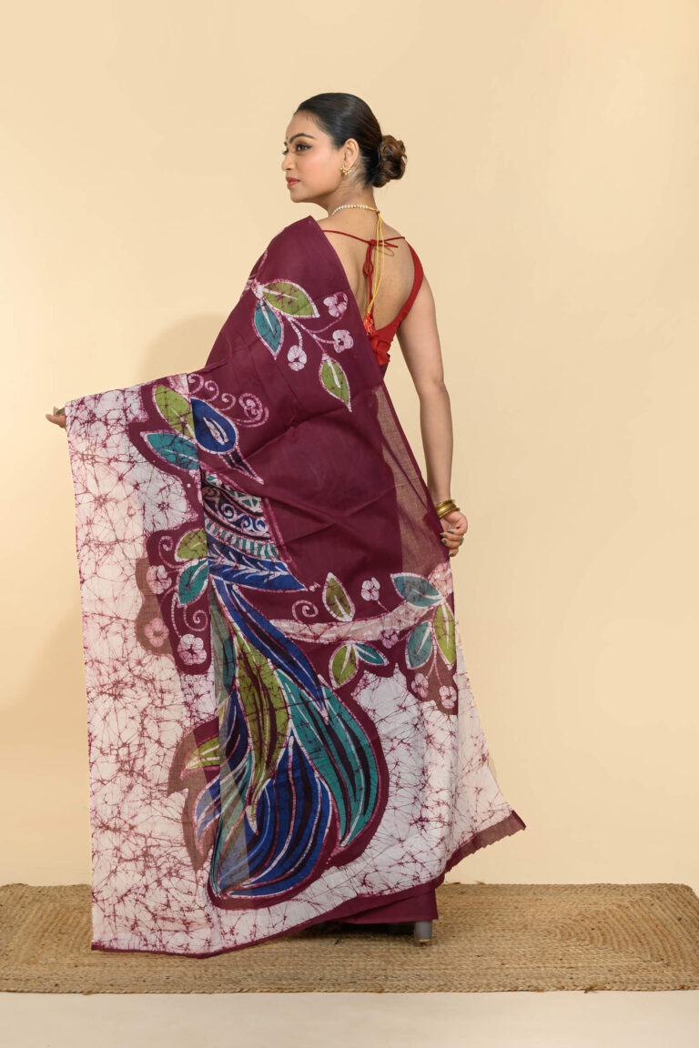 Batik cotton saree wine Tantvithi Madirpushpa floral saree