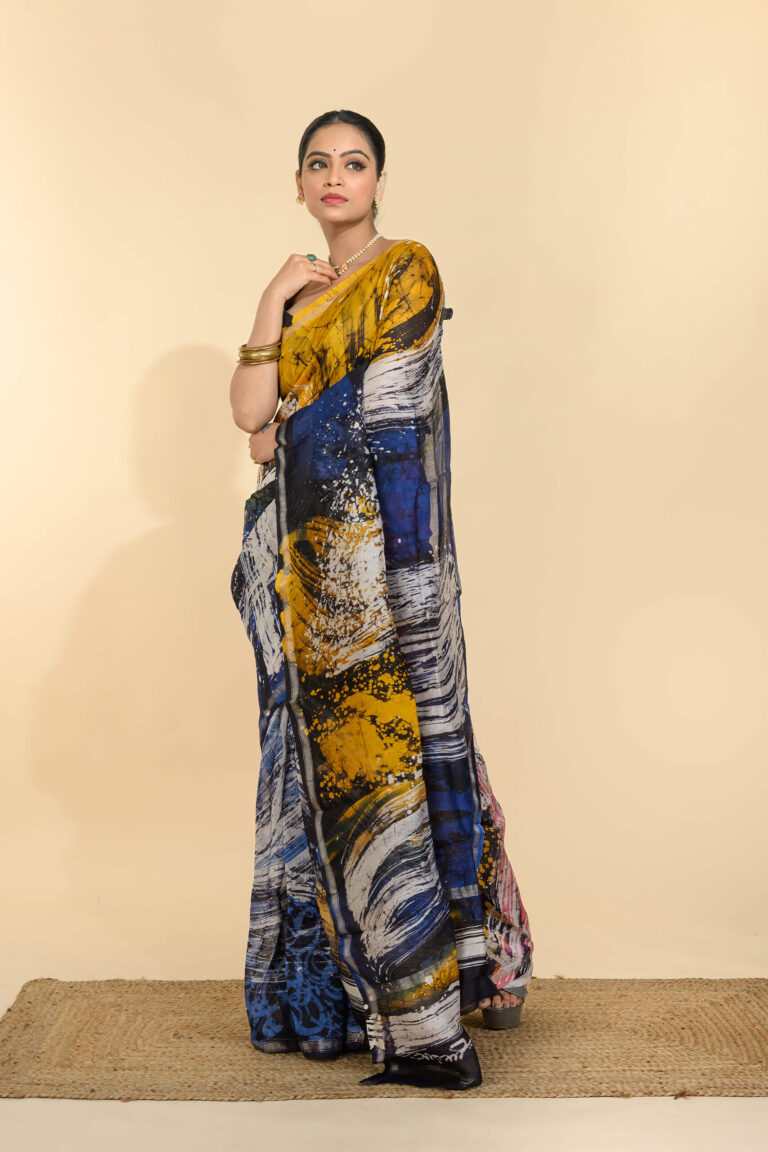 Abstract Silk Batik Saree by Tantvithi in mustard and navy blue