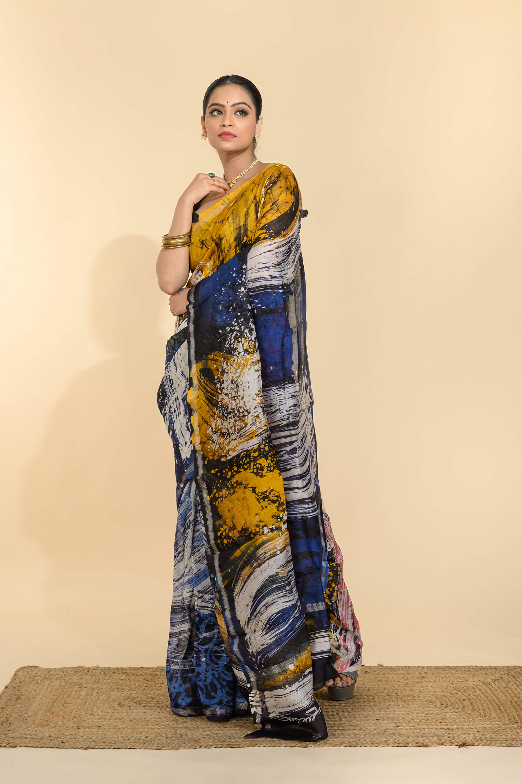 Abstract Silk Batik Saree by Tantvithi in mustard and navy blue