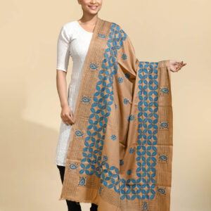 Beige Geometric Shawl by Tantvithi with blue artistic motifs