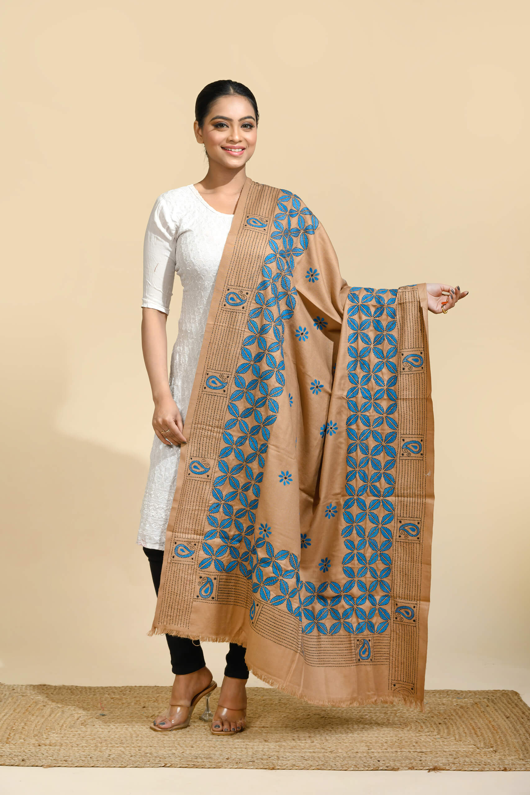 Beige Geometric Shawl by Tantvithi with blue artistic motifs