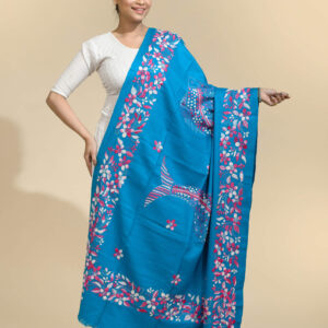 Blue Floral Shawl by Tantvithi with pink and white artistic motifs
