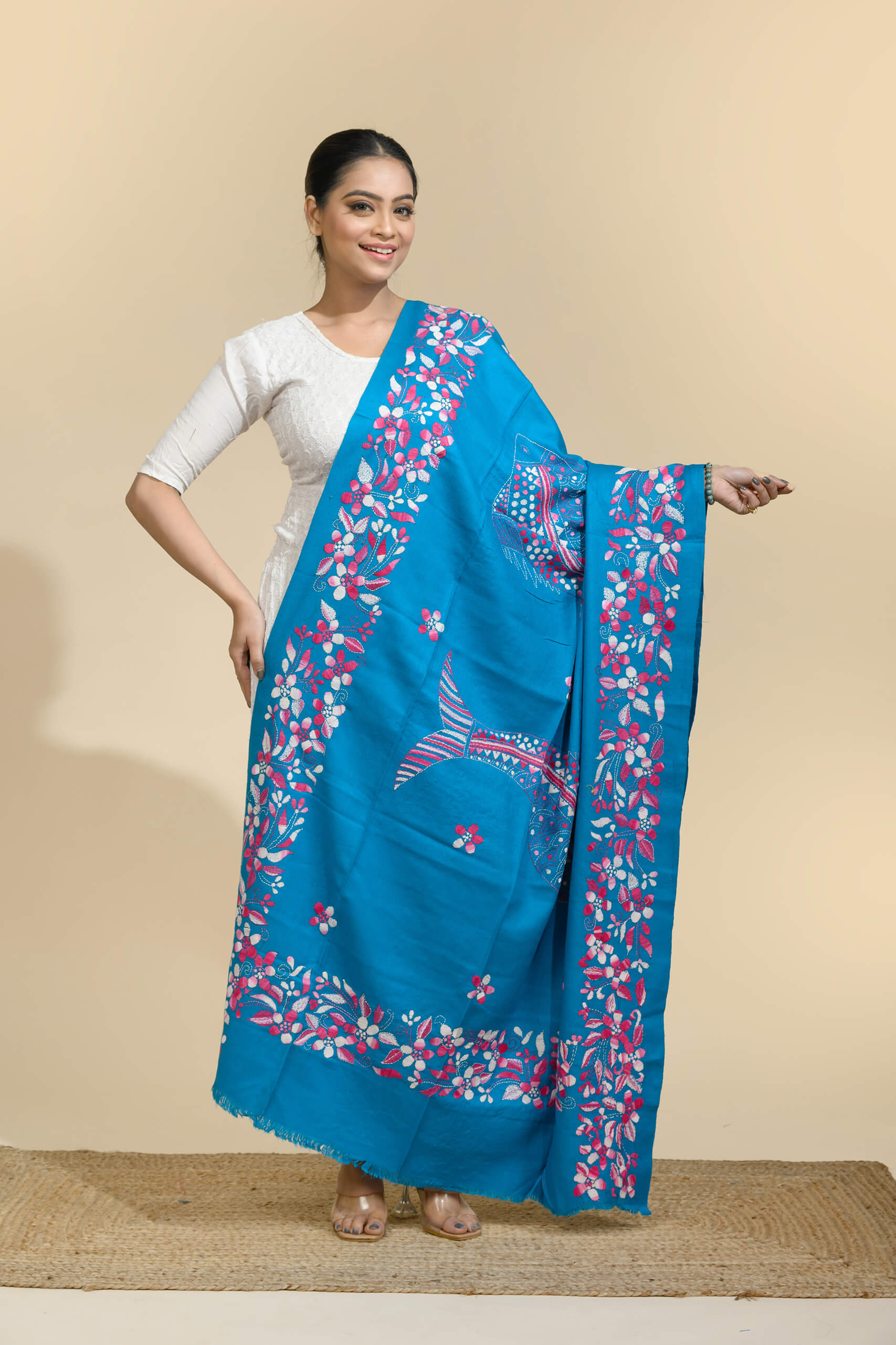 Blue Floral Shawl by Tantvithi with pink and white artistic motifs