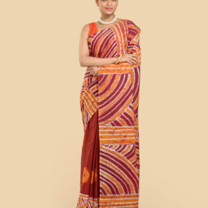 Maroon Cotton Batik Saree by Tantvithi with orange and white patterns