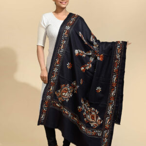 Black Floral Shawl by Tantvithi with rust orange and ivory motifs