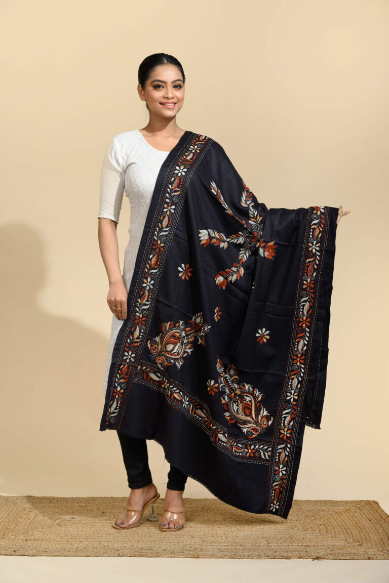 Black Floral Shawl by Tantvithi with rust orange and ivory motifs