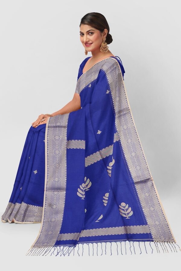 Navy blue handloom cotton saree from Tangail with a woven leaf motif on the pallu