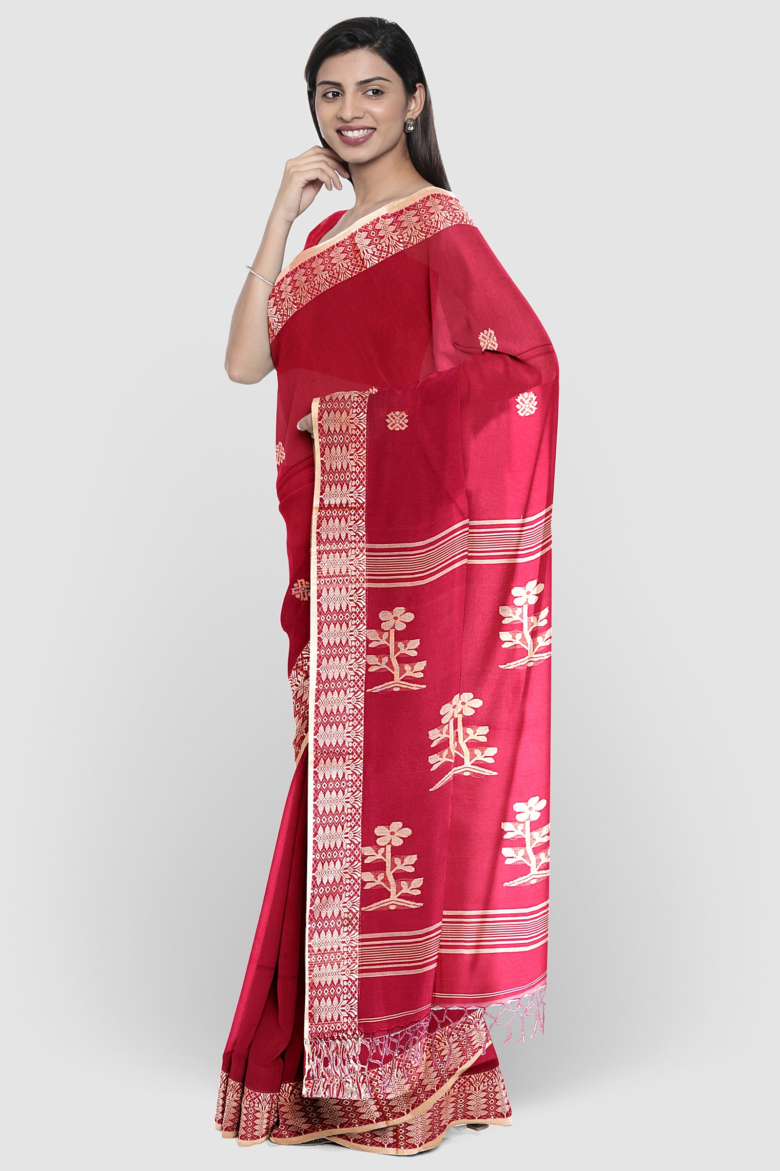 Red Cotton Saree - premium handcrafted Cotton from Tantvithi
