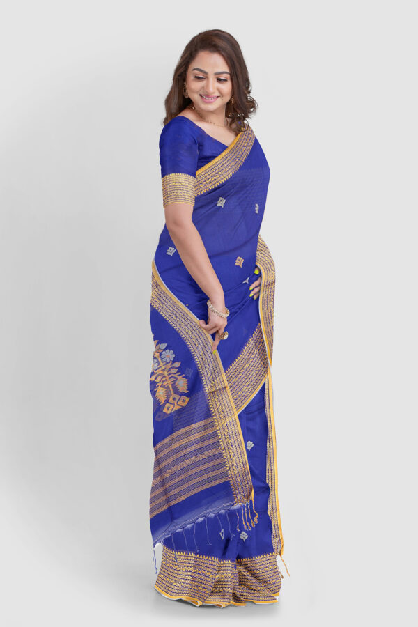 Navy Blue Tangail Cotton Saree handwoven with traditional khaddar weave and border