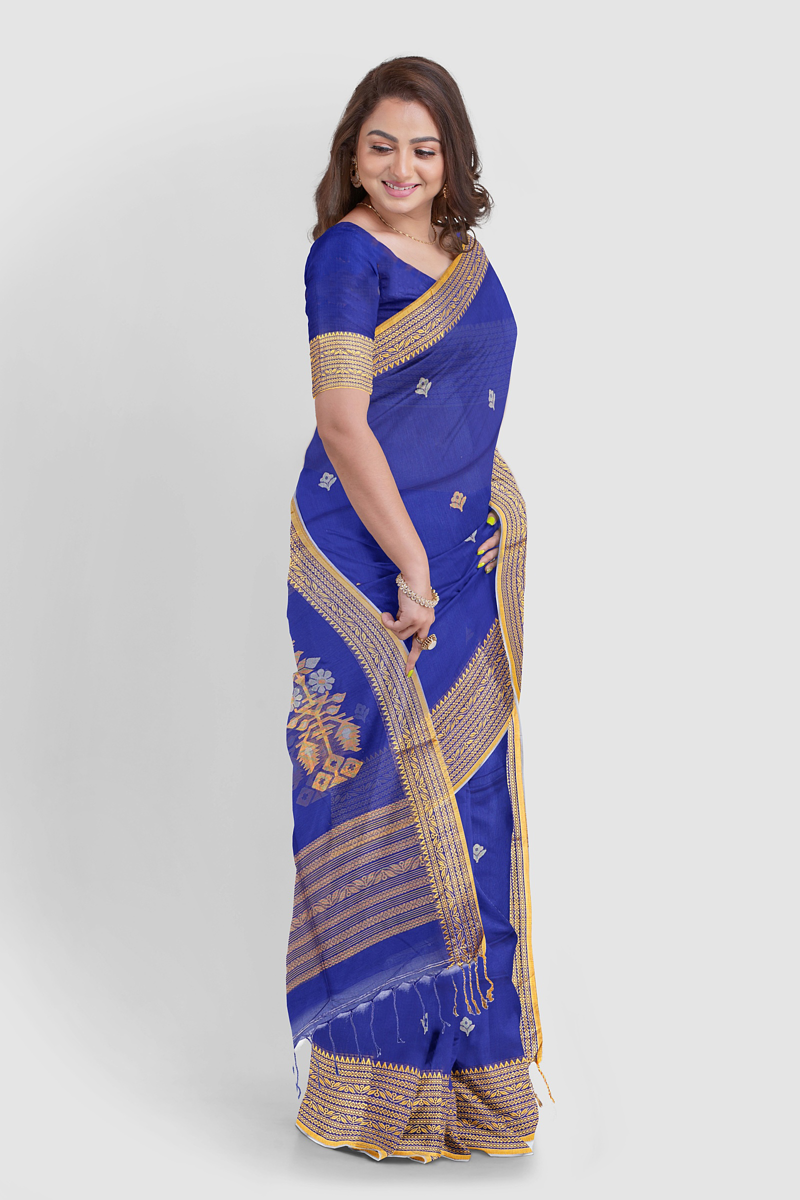 Navy Blue Tangail Cotton Saree handwoven with traditional khaddar weave and border
