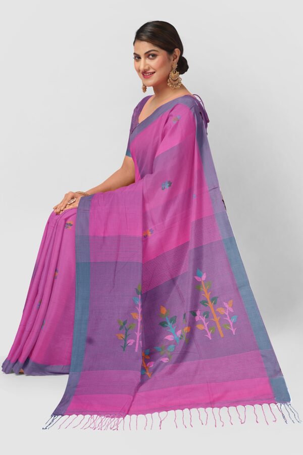 Rani Pink Tangail cotton saree with handwoven Jamdani motifs
