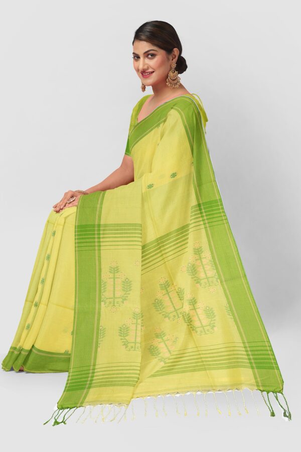 Pure yellow Tangail khaddar saree handwoven in soft cotton with a simple border