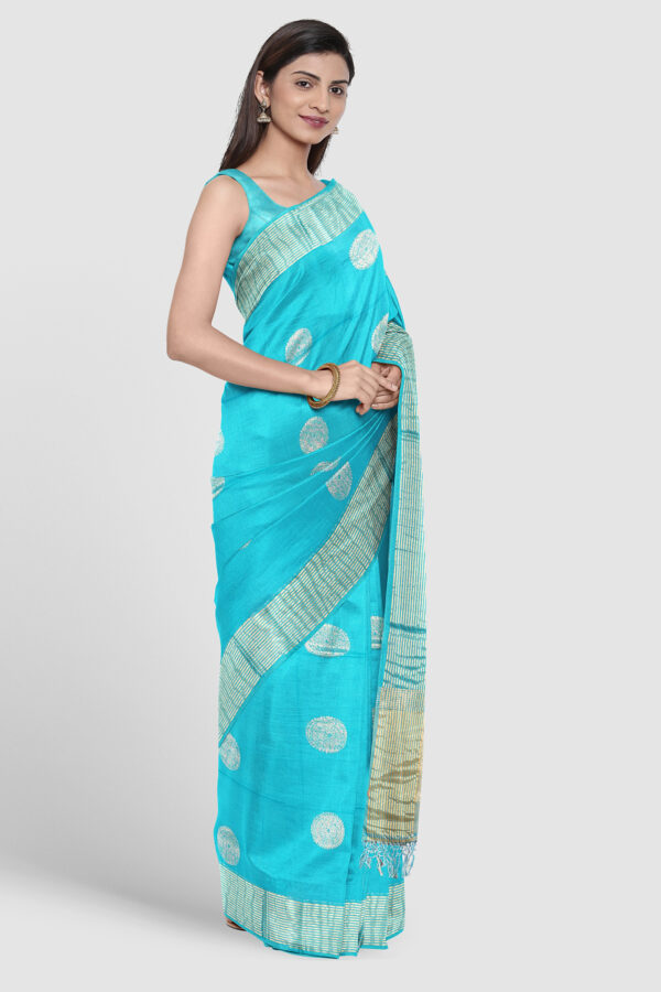 Sea Blue Tangail Cotton Saree with handwoven khaddar texture and woven border