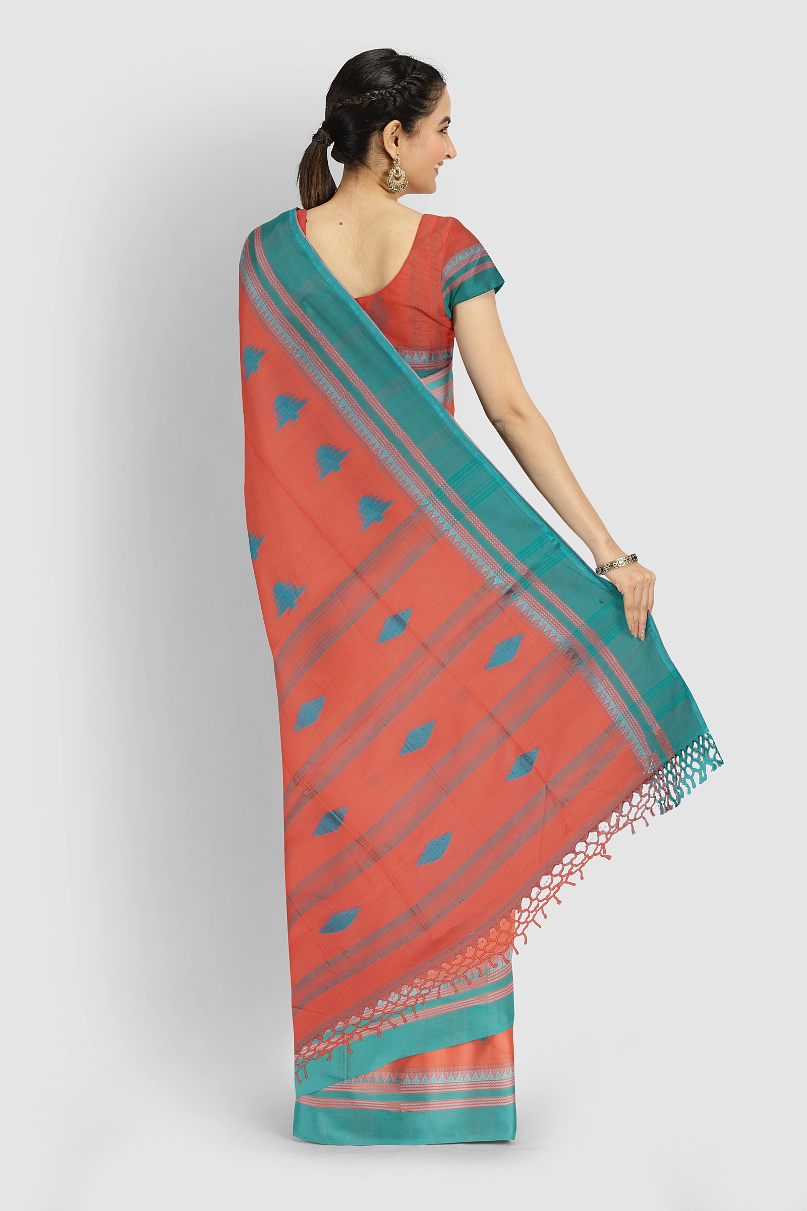 Tangerine Orange Khaddar Cotton Saree with sea blue border, Tangail handloom weave