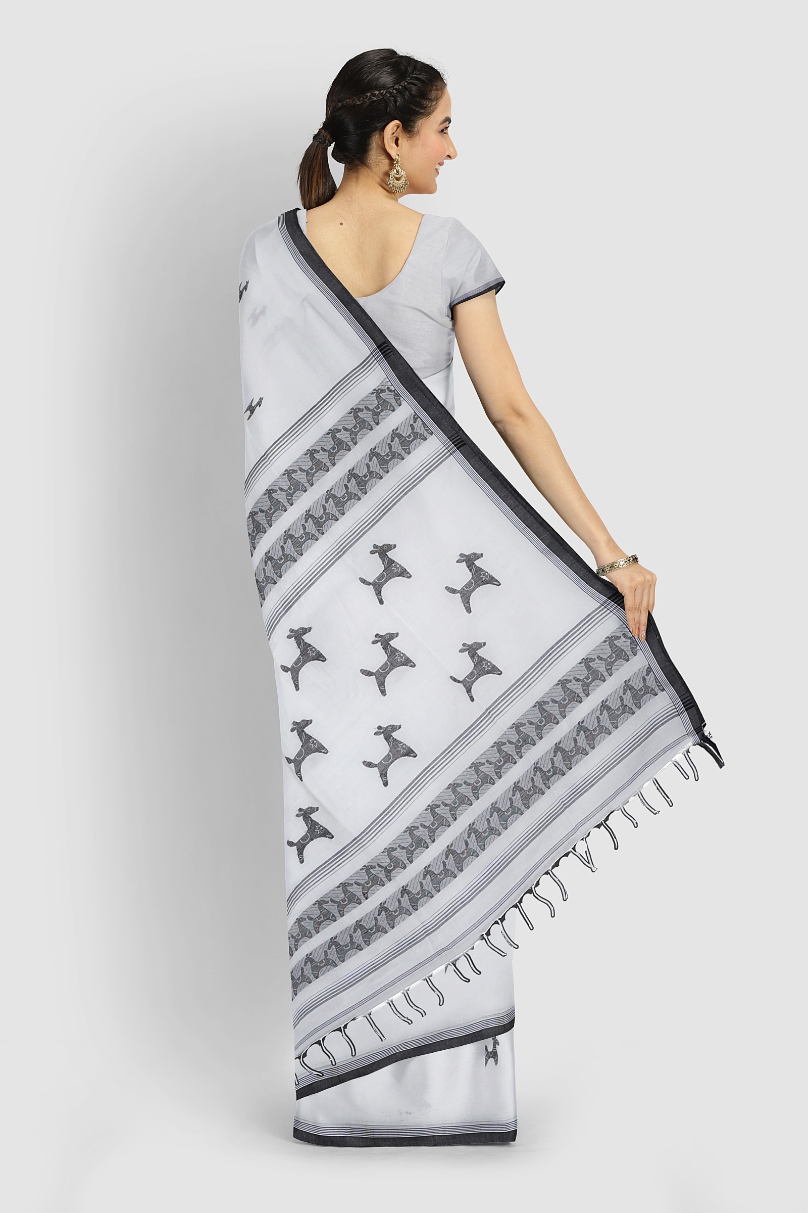 White pure handloom tangail cotton saree with soft Bengal weave, laid out flat