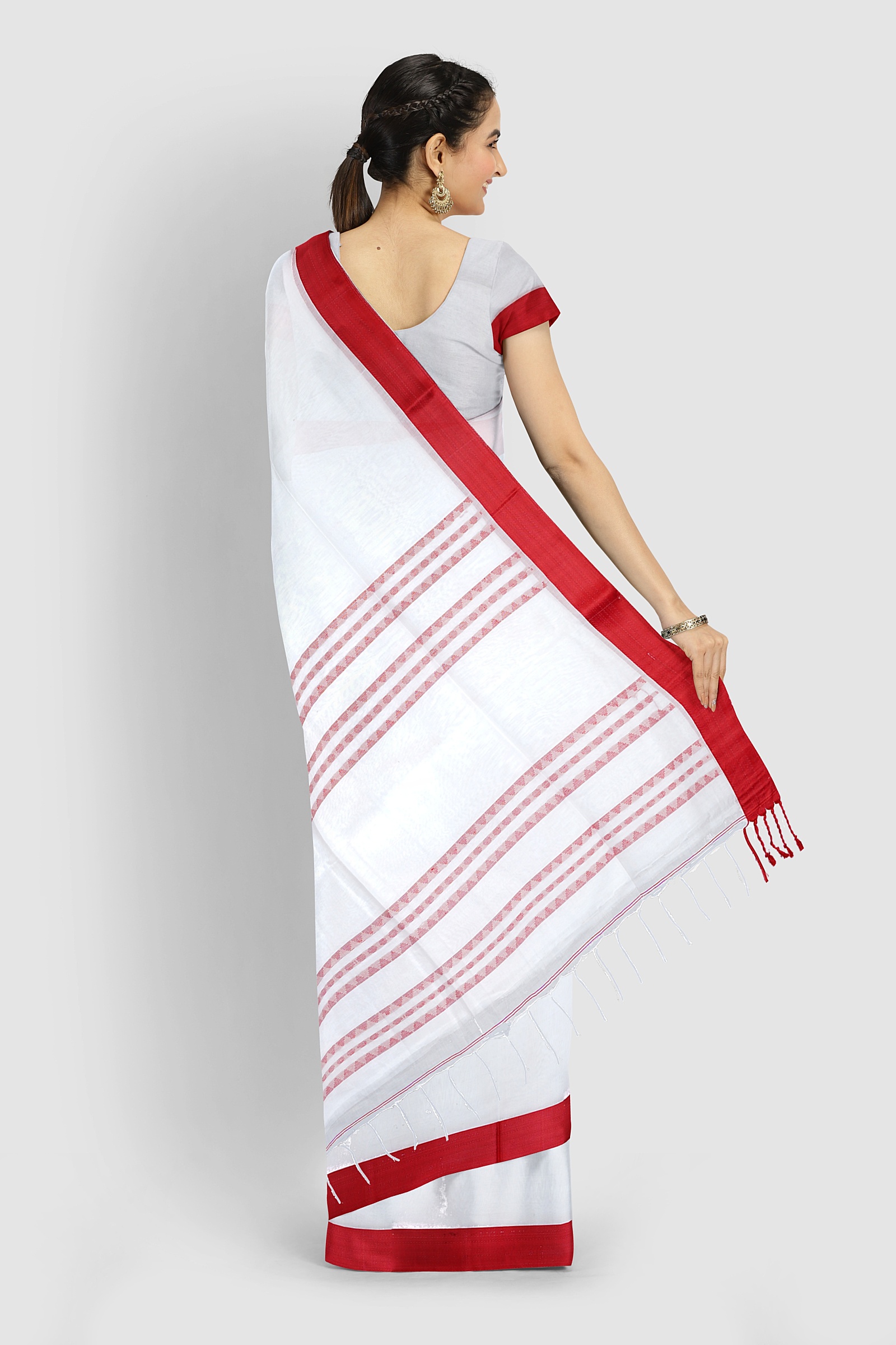Pure white Tangail cotton saree with handwoven khaddar texture and self border