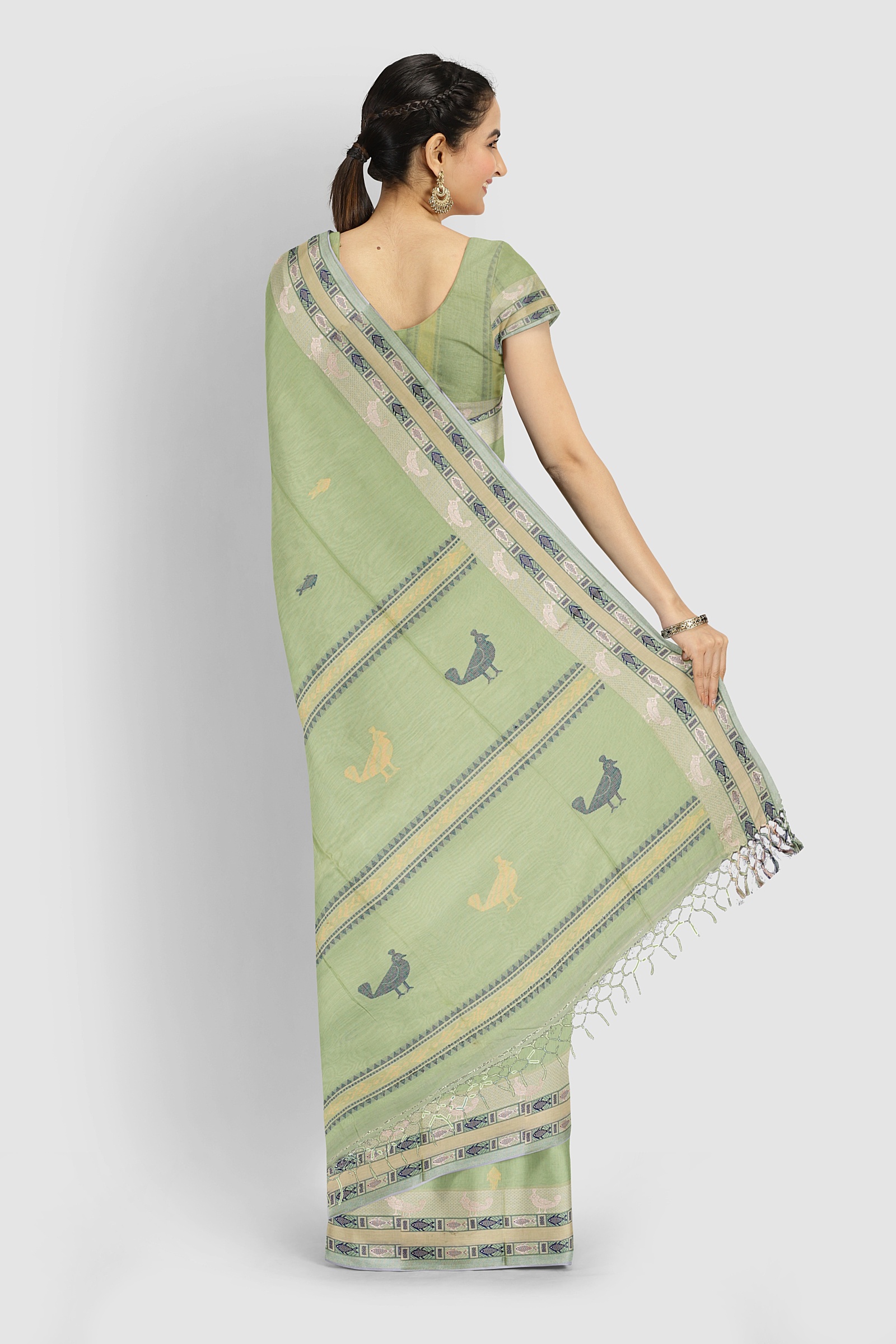 Light green Tangail handloom saree with woven border and pallu motifs