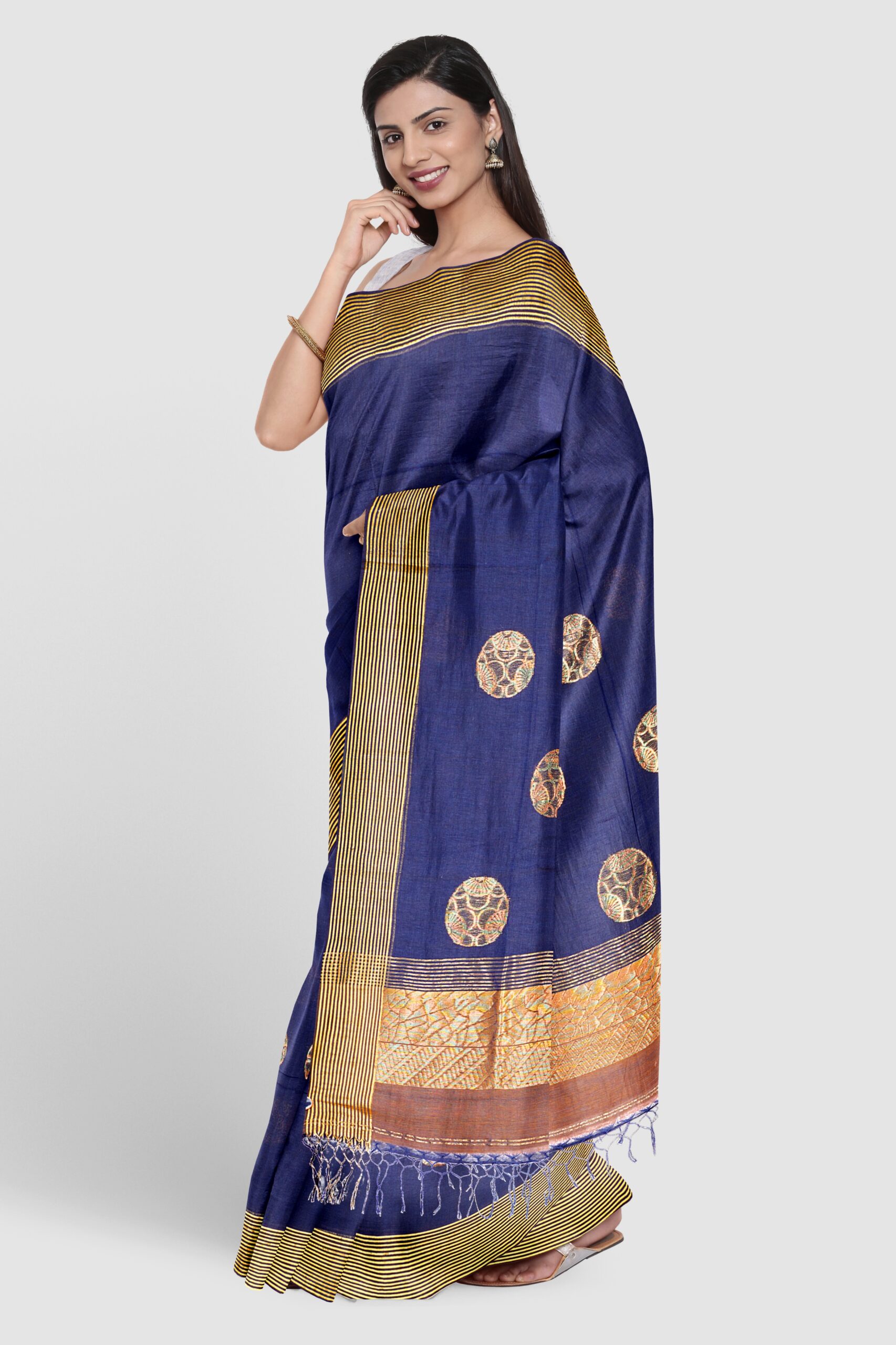 Navy blue Tangail cotton saree with handwoven jari border detail