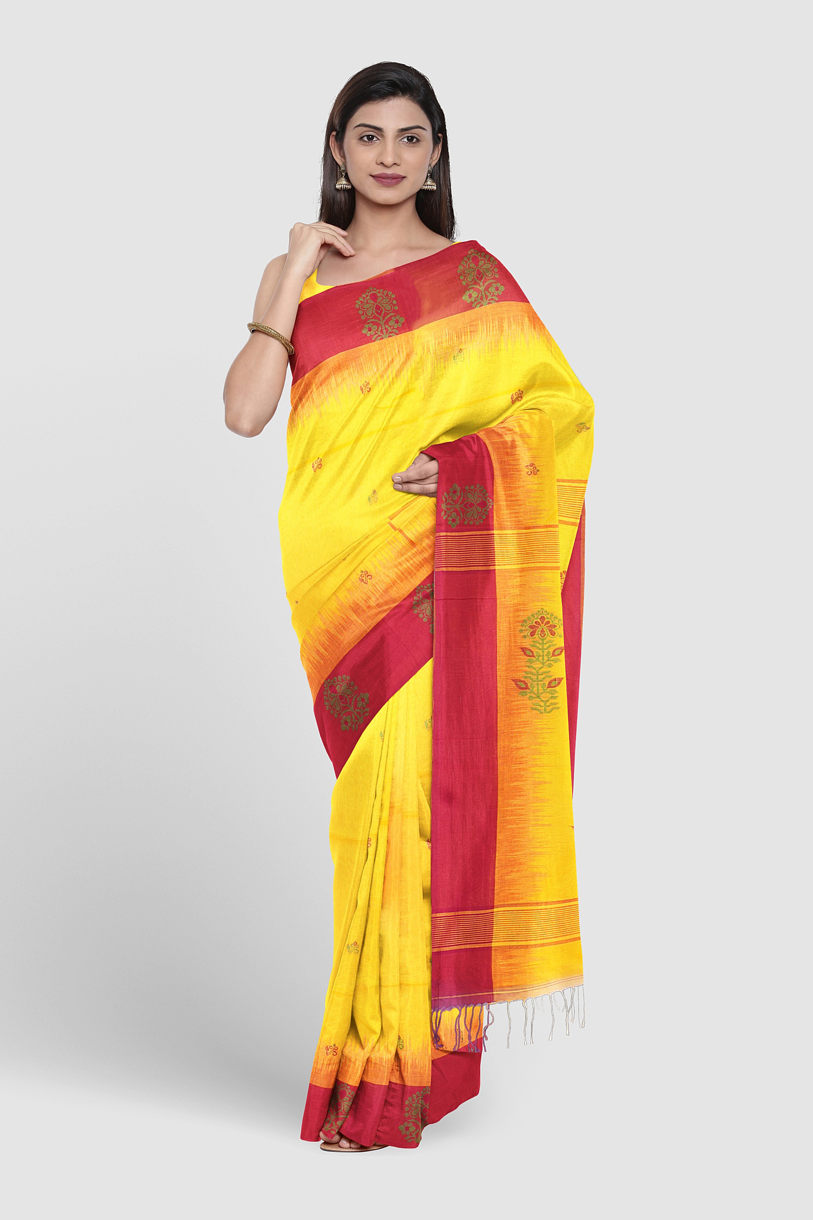 Mustard Yellow Khaddar Cotton Saree with red border, handwoven Tangail style