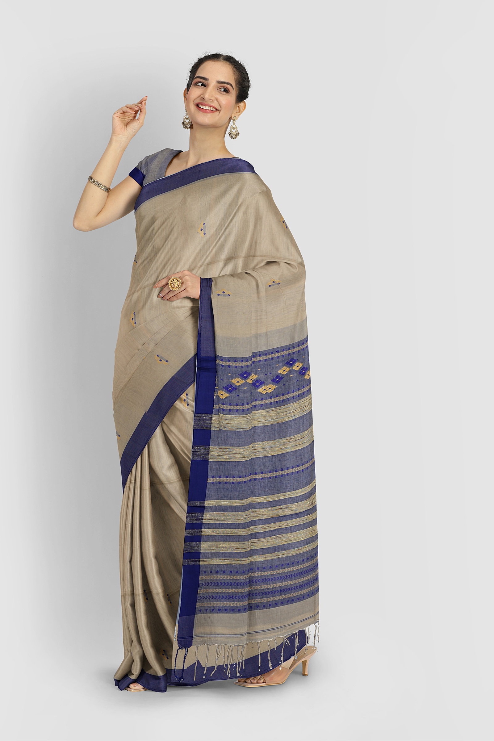 Cream pure handloom Tangail cotton saree with gangajal blue lines and kuchi detailing