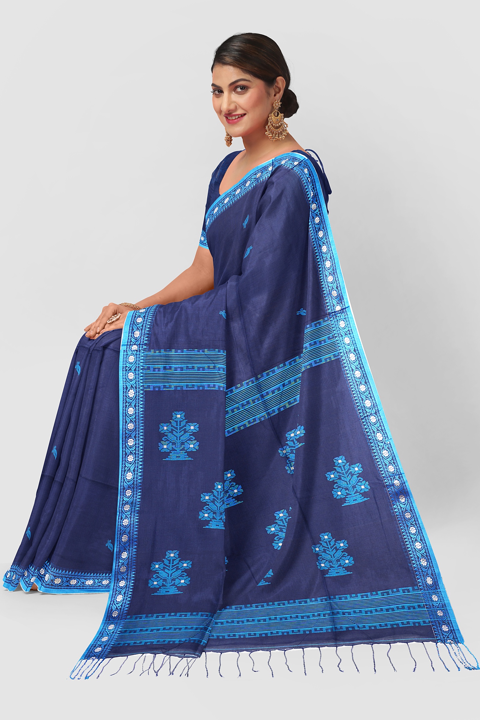 Navy Blue Tangail Cotton Saree with handwoven border detail
